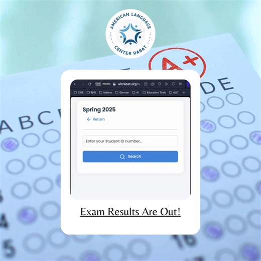 Exam Results Are Out! Spring 2025 exam results for normal and accelerated sessions are now available! Click the link, select your session from the drop-down menu, and enter your student ID to view your results. https://alcrabat.org/returning-student-registration.html (link is also available in our bio) 📅 Summer and Fall 2025 Registration Is Open! Secure your spot in the normal or accelerated sessions before seats fill up. Don’t miss out and register today! | American Language Center Rabat