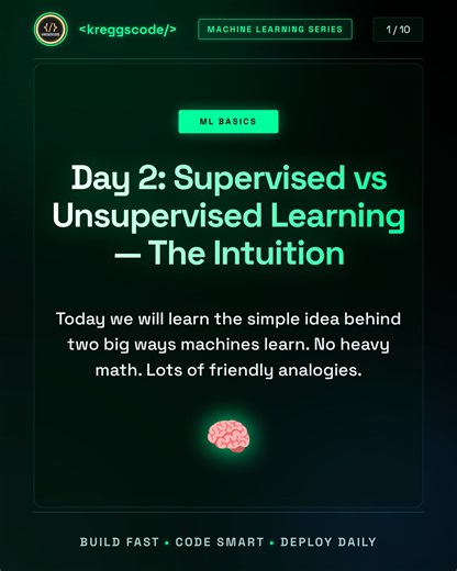 kreggscode | 🪝 Day 2: Supervised vs Unsupervised Learning — Intuition made simple 💡 Supervised learning is like learning with a teacher: you give the... | Instagram
