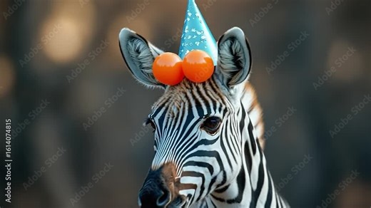 Zebra with a party hat on its head. The hat is orange and has two balloons on it. The zebra is looking directly at the camera