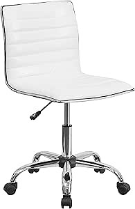 Flash Furniture Alan Low-Back Ribbed Upholstered Vinyl Swivel Desk Chair with Padded Seat, Modern Adjustable Height Padded Office Chair, White