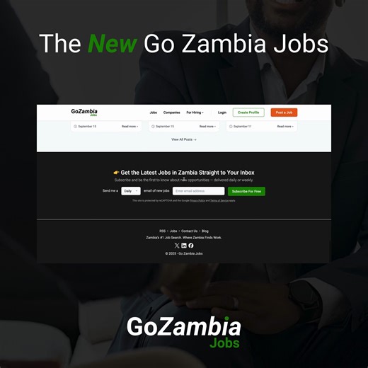 The all new Go Zambia Jobs is here 🚀 Zambia’s #1 job board now has a fresh look, new features, and even more opportunities to support your job search. ✨ What’s New: ✔ Create your own profile to get noticed faster ✔ Easy Apply – 3x more likely to be seen by employers ✔ Quick Job Search – thousands of opportunities across Zambia ✔ A seamless experience across web & mobile 👉 Start your journey today: [gozambiajobs.com] Don’t just dream it. Do it. 💼 #GoZambiaJobs #JobsInZambia #DontJustDreamItDoI
