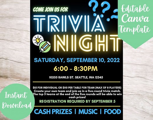 Editable and Printable Neon Trivia Night Invitation Flyer Template, Instant Download Trivia Night Party Invitation Flyer Canva Template - Etsy