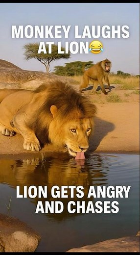 Monkey laughs at lion drinking water 😂 | lion gets angry and chases
