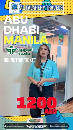 307 reactions · 18 shares | ABU DHABI - MANILA ROUNDTRIP TICKET ✅1200AED FULL PRICE ✅VIA SAUDIA Come and visit us at Al Falahehy Travels Located at New Century Tower Bldg. 8th floor Room no. 802 Opposite DEIRA CITY CENTRE METRO STATION EXIT 2 #alfalahehytravels #alfalahehytourism #TravelDeals | Al Falahehy Tourism | Facebook