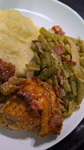 Lemon pepper honey baked chicken, green beans, and mashed potatoes. Lemon pepper honey thighs Preheat oven to 400 degrees. Coat chicken with olive oil. Season chicken with Uncle Dave's lemon pepper honey seasoning, Badia complete seasoning, garlic powder, onion powder, and smoked paprika. Bake at 400 degrees for 65 minutes. Melt 2 tablespoons of butter, mix in 1 teaspoon of honey and 1/2 tsp Uncle Dave's lemon pepper honey seasoning, stir, and set aside. When the chicken is finished, brush with 