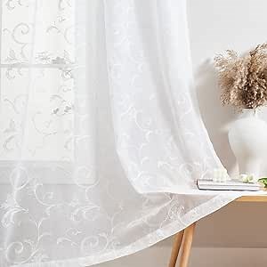 Sheer Curtains White 63 Inch Embroidered Floral, Rod Pocket Voile Drapes for Living room, Bedroom, Vintage Embroidered Semi Crinkle Curtain Panels for Yard, Patio, Villa, Parlor, Set of 2, 52"x 63".