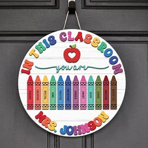 CleveFit Custom Door Sign For Classroom, 3D Personalized Teacher Welcome Sign, Wooden, Rustic Style, Portrait Orientation, 1 Count