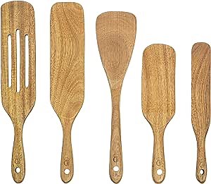 Acacia Spurtle Set with Wok Spatula, Kitchen Items for Cast Iron, Multifunctional Wood Spatulas For Nonstick Cookware, Baking Utensils, Kitchen Must Haves for Stirring, Mixing, and Serving Food