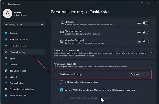 Windows 11, die Taskleiste anpassen und Verknüpfungen