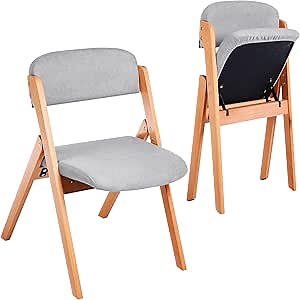 Kigley 2 Pack Folding Dining Chairs with Padded Seats Wooden Folding Chairs Removable Cushion Cover Stackable Wood Single Comfortable for Kitchen Home Office Wedding Party Events(Light Gray)