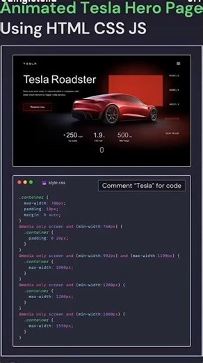 Animated tesla landing page using html css js awesome Next level slider hero