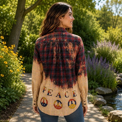 Upcycled Hand Painted Peace Flannel Shirt - Bleached Red Blue S - Etsy