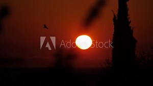 Cinematic view of orange, yellow and red sunset sky with clouds. Day comes to end. Twilight in summer time after a rain shower. Epic sunset with large circle as the sun descends towards dusk. Evening