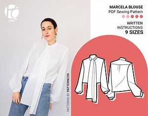 Basic Blouse Sewing Pattern | Elegant Buttoned Shirt Pattern | Tie Collar Blouse Pattern | Lantern Sleeve Top | 9 SIZES | PDF Sewing Pattern - Etsy