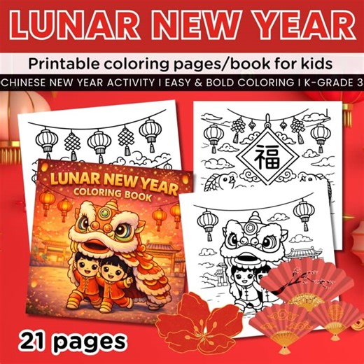 Lunar New Year Coloring Pages/Book, Chinese New Year Scenes,Traditional Activity