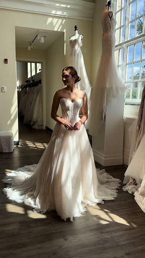 we are loving this gorgeous basque waist with pearl accent, exposed boning, tulle skirt, romantic lace details, and pearl buttons down the train 🤍 which detail do you love most about this gown? #ballgown #wedding #weddingdress #weddingdressinspo #2025bride #bridegoals