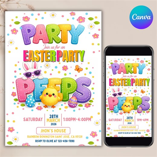 Easter Party Invitation Template, Easter Theme Invite, Easter Invite, Party Invitation Template, Digital Download, Canva Editable Template - Etsy