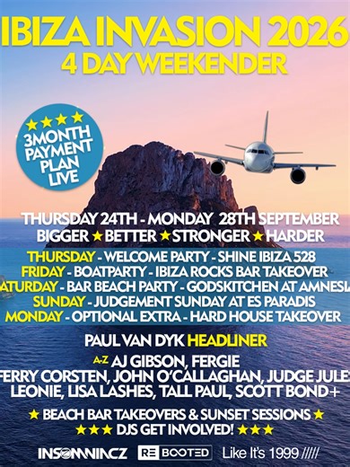 IBIZA INVASION 2026 🌴✈️ THE BEST WEEK OF YOUR LIFE! 🛎️ We take care of EVERYTHING — all events, programming & planning sorted for you. You just turn up & party 😎✈️ 📅 24–28 September 🎉 Bigger • Better • Stronger • Harder 🚤 Boat Party 🏖️ Beach Bar Takeovers 🌅 Sunset Sessions 🎶 Ibiza Rocks Bar 🔥 GodsKitchen @ Amnesia 👑 Judgement Sunday @ Es Paradis 💳 Payment plans NOW LIVE 🎧 DJs — get involved! Who’s invading Ibiza with us?! 😎👇 #IbizaInvasion #Ibiza2026 #HouseMusic #RaveTrip #IslandV