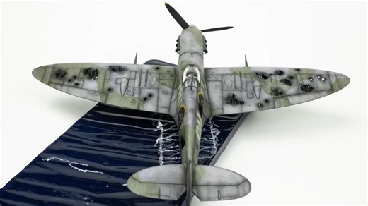 《逃离死亡》田宫 1/48 Spitfire Mk.Vb"喷火"战斗机模型制作（环氧树脂水场景模型）