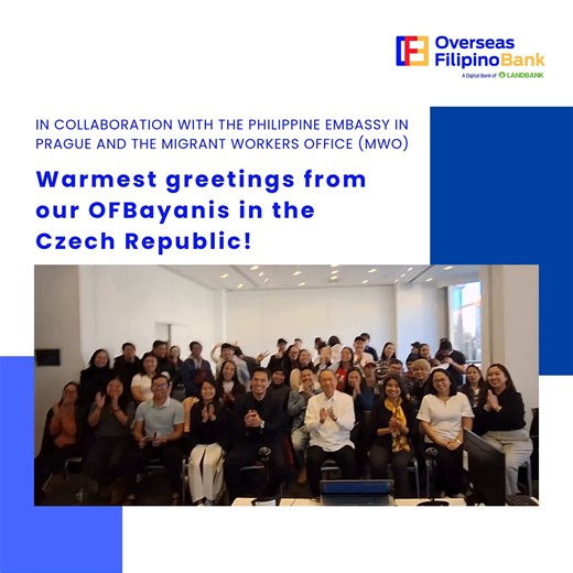 Greetings from the Filipino community in the Czech Republic! 🇨🇿 The Philippine Embassy in Prague and the Migrant Workers Office (MWO) join our OFBayanis in the Czech Republic in sending their warmest greetings back home! Mga OFBayani sa Czech Republic, mas pinadali na ang banking transactions with your loved ones by receiving One-Time Passwords (OTPs) through the following telecommunications providers and secure your financial transactions: ✅Telefonica O2 ✅T-Mobile ✅Vodafone Czech Republic a.s