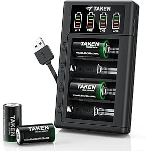 Taken 123 Batteries Lithium 4Pack Includes Charger, 3.2V 123A Rechargeable Batteries Cycle 2000+ Times for Flashlight, Smoke Detector, Glassbreak Sensor