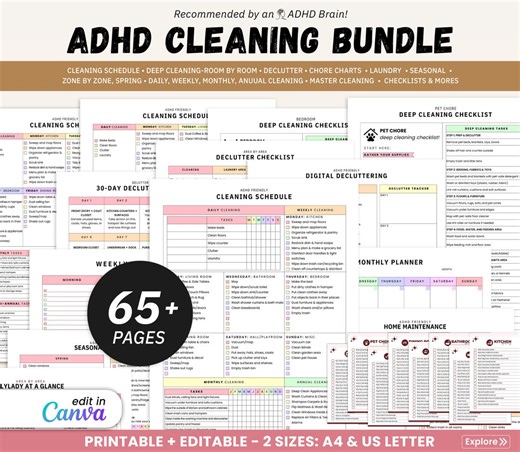 ADHD Cleaning Planner Bundle, Editable Home Cleaning Schedule, Weekly, Monthly, Yearly Cleaning, Declutter, Family Chore Chart, Deep Clean - Etsy