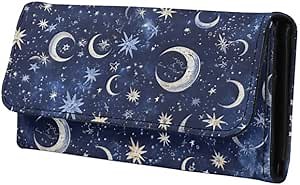 Celestial Moon Stars Long Wallets for Women Galaxy Blue PU Leather Billfold Wallets, Mystical Astrology Theme Slim Cards Holder Trifold Phone Clutch with ID Window