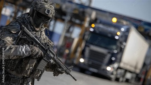 Documentary-style border checkpoint image showing a customs officer blocking truck passage, detailed textures on uniform and equipment, trucks idle with engines running, exhaust va