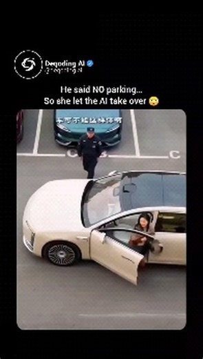 AI News | Tech Insights | Deqoding AI on Instagram: "Imagine pulling up in a Huawei smart car, only to be told by a security guard that parking isn't allowed. The driver calmly replies, "No problem—I'll let it park itself." Moments later, the vehicle effortlessly scans the space, maneuvers with flawless precision, and slots in perfectly. No hesitation. No corrections. Zero human input. The guard stands there, stunned, watching in disbelief as the car handles the situation better than any person 