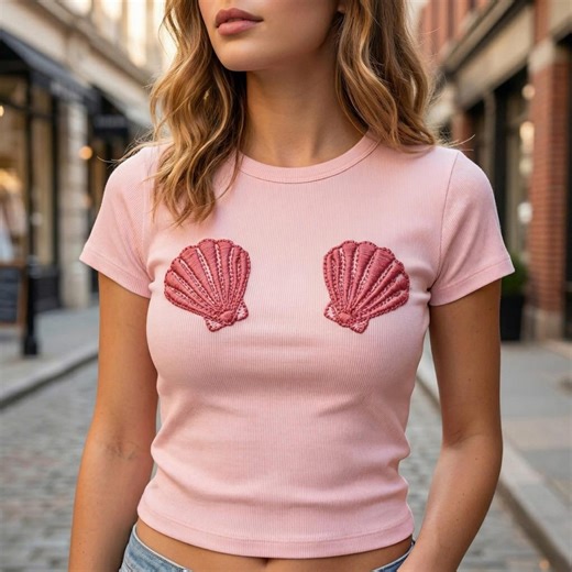 Pink Seashell Bra Mermaidcore Embroidered Shirt, Ariel Inspired Shell Embroidery Baby Tee, Y2k Ribbed Crop Top Summer Beach Apparel - Etsy