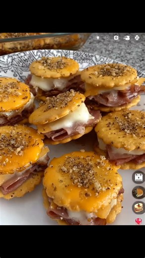 Ritz Cracker Party Sandwiches Ingredients: 2 sleeves Ritz crackers ½ pound sliced deli ham ½ pound Swiss cheese, thinly sliced ½ cup butter, melted 1 tablespoon Dijon mustard 1 teaspoon Worcestershire sauce 1 teaspoon onion powder 1 tablespoon poppy seeds Instructions: 1. Preheat oven to 350°F (175°C). 2. Place half the Ritz crackers on a baking sheet. 3. Top each with ham and cheese. 4. Cover with the remaining crackers to form sandwiches. 5. In a bowl, mix melted butter, mustard, Worcestershir