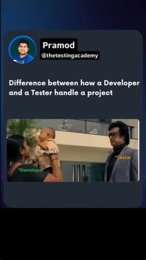 Software Testing | The Testing Academy | Pramod Dutta on Instagram: "Tag that Tester who handles projects 😂 Post by: @thetestingacademy #bugs #tester #funnyreels #developer #memes #projecttesting #developerlife #testermemes #development #comedy #coding #developers #project"