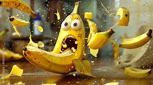 Surprised banana character explodes in kitchen scene