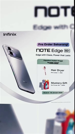 Infinix Note 60 Edge 🥶👀 Breaking! Inilah Infinix Note Edge 5G, Pakai MediaTek Dimensity Terbaru yang Bukan Rebrand 😁 📱Nomor model X6887 🇮🇩 Telah terdaftar di Indonesia 🗓️ Perilisan Januari 2026 6,78 1.5K AMOLED 144Hz 3D Curved Display, 4500Nits Mediatek Dimensity 7100 (6nm TSMC) 4x Arm Cortex-A78 2.4GHz 4x Arm Cortex-A55 2.0GHz GPU Arm Mali-G610 MC2 RAM LPDDR4X, ROM UFS 2.2 50MP, 2MP. 13MP Selfie 🤳🏻 Kamera Kamera LED Notifikasi Baterai 6.500mAh, 45W Bypass Charging Android 16, XOS 16 3 