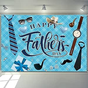 Large Fathers Day Banner Decorations 72" x 48" Happy Father's Day Backdrop Lightblue Tie Gifts Glasses Party Supplies Gifts Photography Background for Indoor Outdoor Garden,Yard,Home Decor