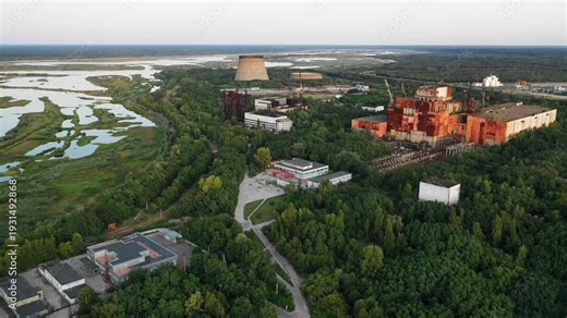 Aerial view captures desolate remains of Chernobyl's unfinished Reactor Blocks 5 and 6, surrounded by overgrown nature.