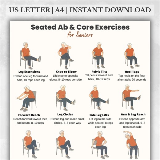 Seated Ab and Core Exercises for Seniors Printable, Chair Workout for Older Adults, Low Impact Seated Exercise, Fitness Poster for Seniors - Etsy