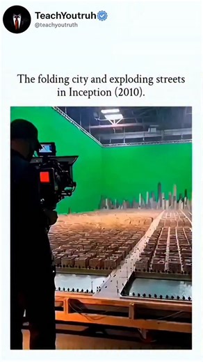 teachyoutruth on Instagram: "The post features a 15-second video falsely presented as behind-the-scenes footage of Inception's 2010 folding Paris sequence, emphasising Christopher Nolan's use of practical effects like miniatures and explosions, but the clip is Al-generated and circulated virally since late 2025. Real production involved a 100-foot miniature model built by 500 crew over eight months, filmed via motion control rather than live green-screen folding as shown, confirming the video's 