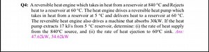Q4: A reversible heat engine which takes in heat from a reservo... | Filo