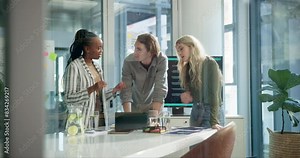 Business people, meeting and planning with tablet in project discussion, research or collaboration at office. Group of young employees or team talking on technology in schedule brainstorming or tasks