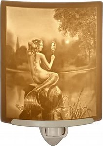 The Porcelain Garden Mermaid Night Light, Etched Porcelain Lithophane Mermaid & Mirror, Art by David Delamare, Decorative Wall Plug in