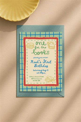 One for the Books Birthday Invitation | Editable Library Book Theme Party Printable 5x7 Canva Template | Customizable First Birthday Invite - Etsy UK