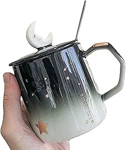 Moon Mug with Spoon Lid Star Ceramic Coffee Cup Moon Tea Milk Cup Gift Office Home (moon star, 400 ml)