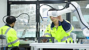 Manufacturing, industry technology and science concept. Man and woman technician engineer testing and maintenance electric robotic machine arm system with computer software in factory laboratory.