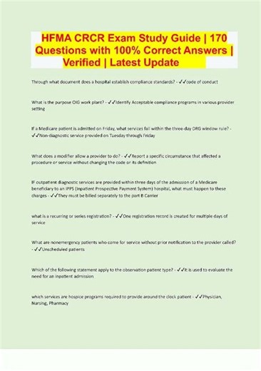 Latest Hfma Crcr Exam Study Guide 170 Questions With 100 Correct Answers Verified Latest Update vid