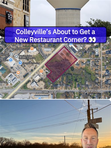 Colleyville’s got a possible new restaurant/retail pocket brewing 👀 Council approved a purchase-sale agreement for a 6-acre city-owned site at Acuff Ln & Colleyville Blvd. A developer intends to buy it for $3.1M, but they’ve got a 150-day feasibility period and will still need zoning approvals—so consider this the “early stages” update. Article via Community Impact. Hot tips around Denton County or the rest of DFW? Thinking about buying, building, or selling? 👉 DM me 📲 Text J.D. 254-913-7381 