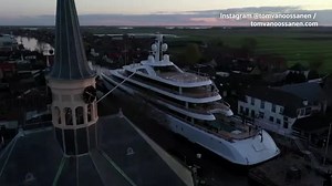 Drone captures superyacht docked on tiny Dutch canal