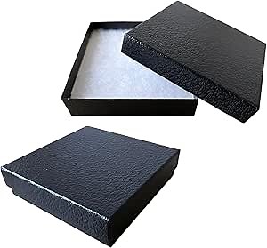 MADE IN USA-100 Boxes - Black Embossed Cotton Filled Cardboard Paper Jewelry Box Gift Case - 3-1/2" x 3-1/2" x 7/8" Sturdy For Jewelry Gift Giving & Storage for Keepsakes