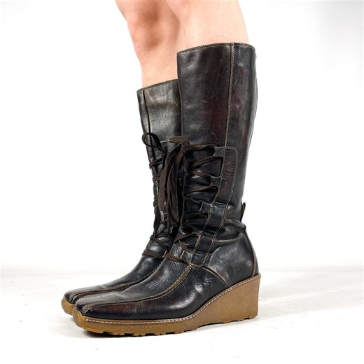 Bottes montantes vintage noires à lacets, talon compensé, cuir véritable - Pointure 40 EU / 7 UK / 9 US - Etsy France