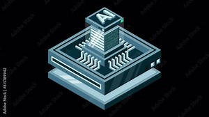 Artificial intelligence micro chip animation. Quantum computing. Artificial intelligence computer. Isometric machine programming. Transparent background with alpha channel